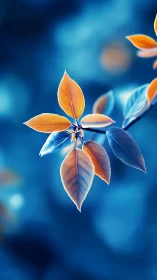 Orange and blue leaves against smooth blue background.