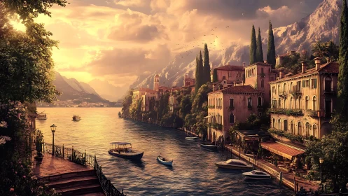 Golden lakeside village basks in tranquil sunset glow
