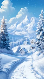 Snowy village path curls toward storybook winter peaks