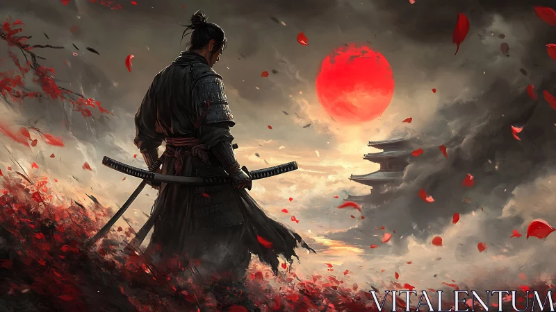 Solitary samurai under red sun amid drifting petals.