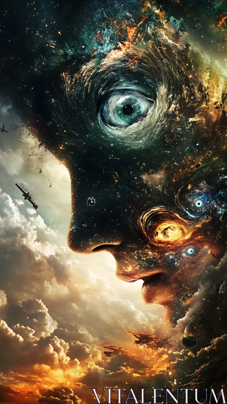 Cosmic nebula face with vortex eye and astral battlefield vision