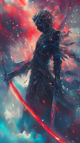 Stormlit blade bearer strides through swirling cosmic embers