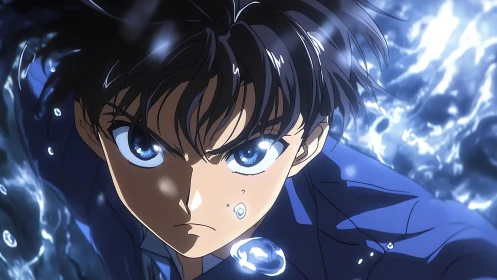 Determined anime boy underwater with intense blue gaze.