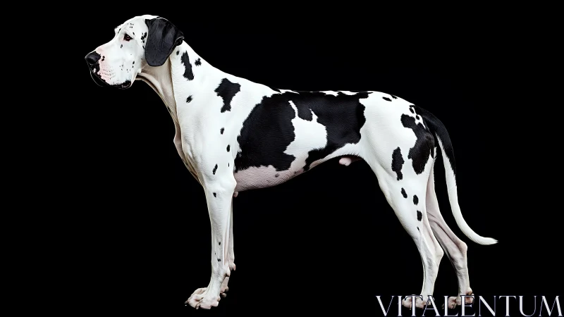 Harlequin Great Dane standing in profile on black background.
