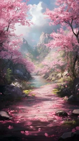 Mountain valley path under dense pink blossom canopy.