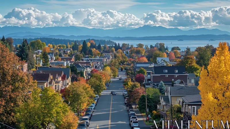 Linear perspective streetscape reveals coastal suburb in peak autumn color