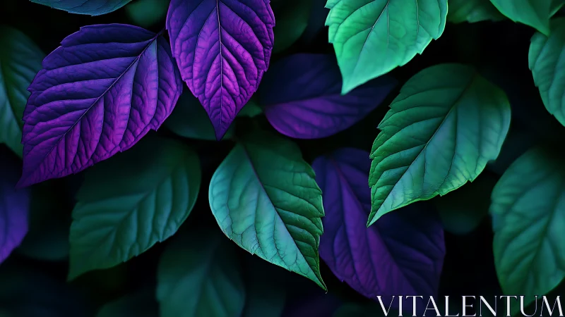 Bioluminescent duotone foliage with cyan and magenta leaf veins
