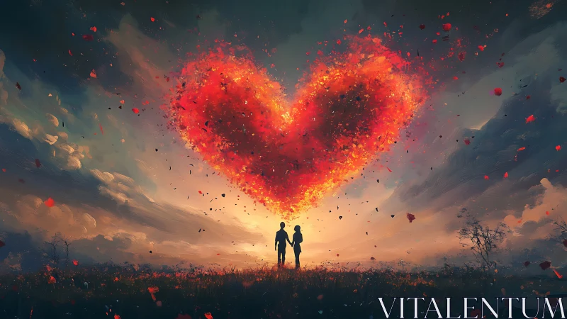 Two Figures Silhouetted Against Fiery Heart Explosion.