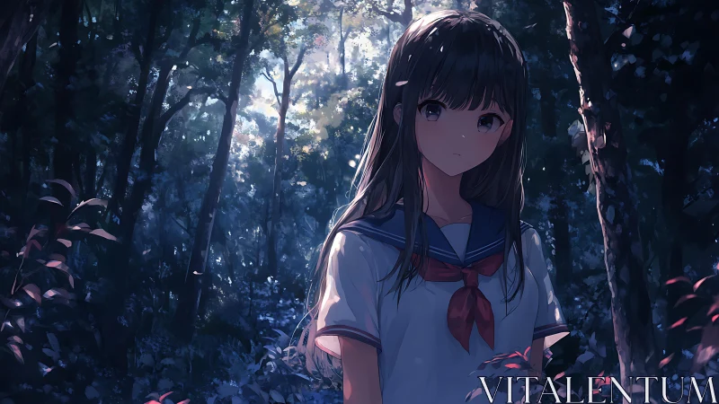 Anime schoolgirl stands in dappled forest light, softly backlit