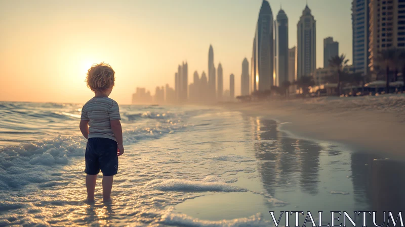 Backlit child at urban shoreline horizon interface at dusk.