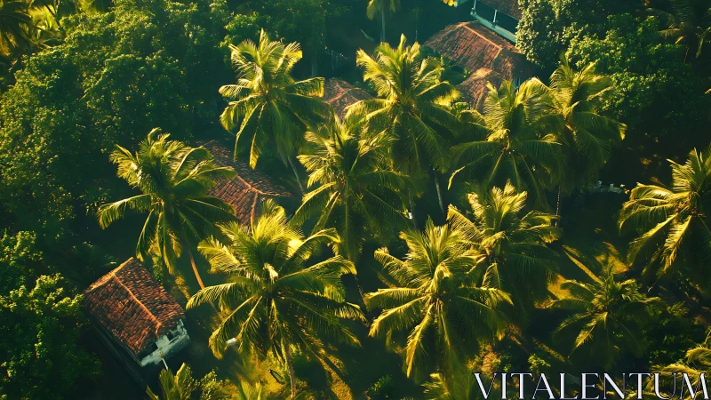 Sunlit tropical palms sheltering cozy red-roof homes.