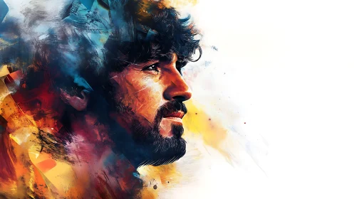Colorful digital portrait of man in vivid abstract profile.