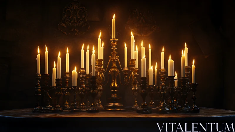 Luminous brass candelabras arranged on shadowed altar table.