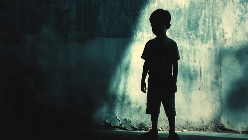 Silhouetted child stands in moody teal light against worn wall