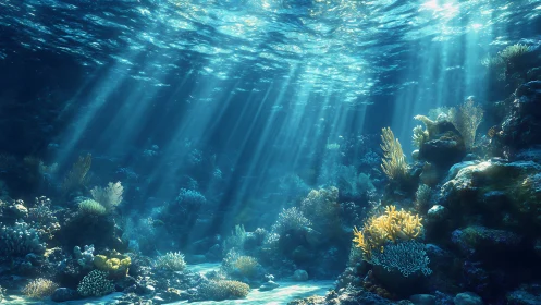 Sunlit coral reef glows gently beneath calm ocean waves