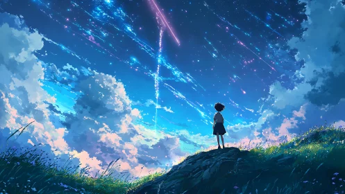 Quiet hillside wonder beneath a sky of falling stars.