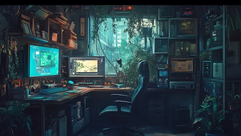 Cyber workstation merges lush greenery with neon interfaces.