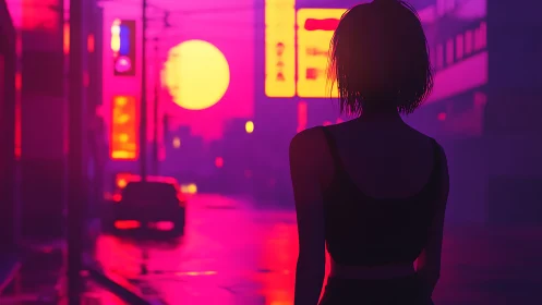 Silhouette facing neon city street at sunset in profile view.