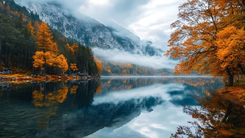Golden lakeside autumn beneath misty mountain reflections.