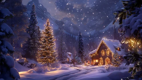 Snow-covered cabin and lit trees stand in a mountain valley