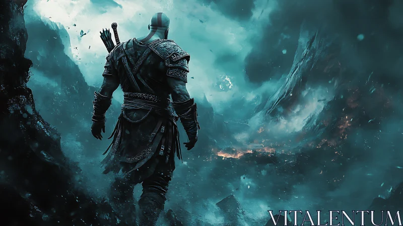 Armored warrior advances through stormlit mythic canyonscape