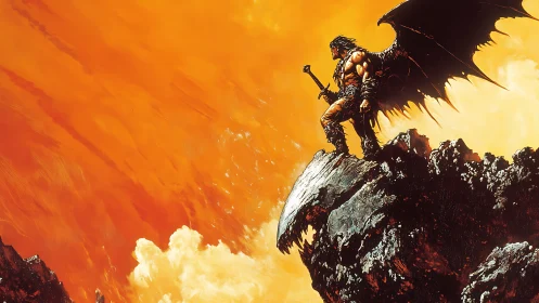 Winged warrior dominates fiery cliff under inferno sky.