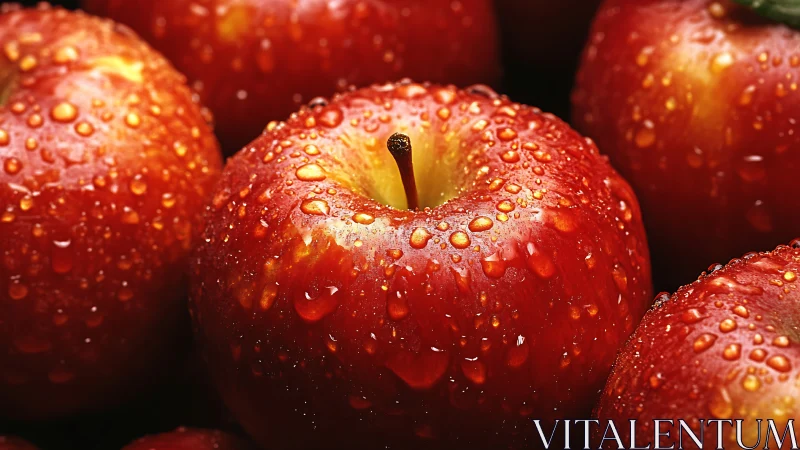Glistening red apples wrapped in fresh morning dewdrops.