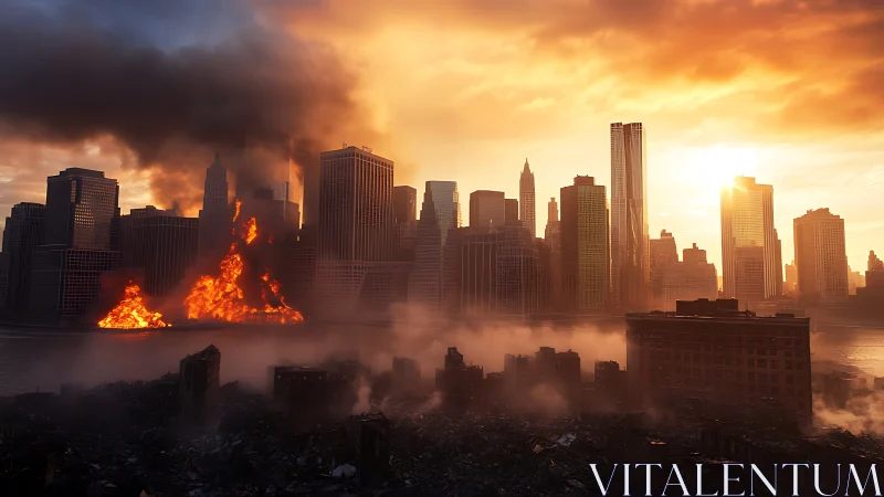 Post-apocalyptic skyline with waterfront inferno at sunset.
