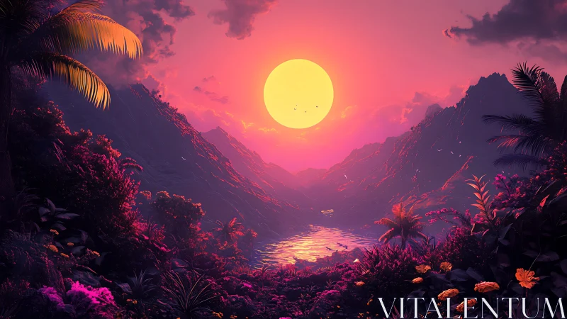 Neon jungle valley soaking in a molten candy sunset glow.