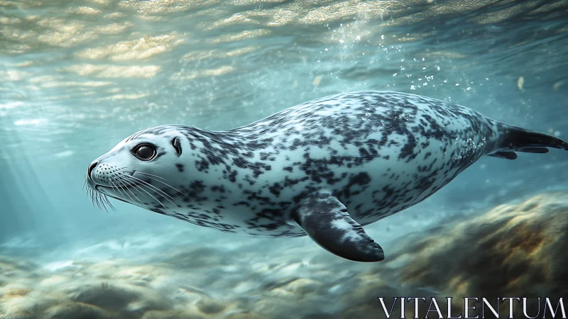 Spotted seal swims horizontally through shallow seawater