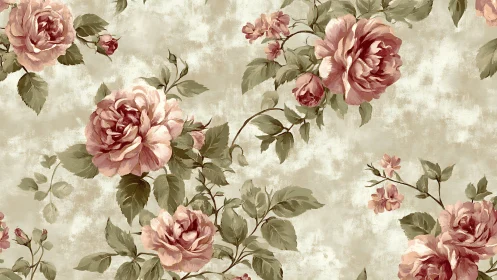Vintage rose floral pattern on muted beige background.