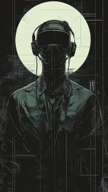 Cyberpunk operator silhouette under luminous data halo.