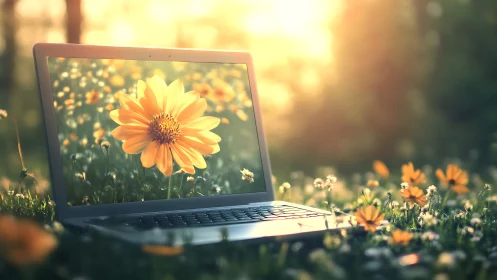 Laptop rests in grass while screen displays single yellow daisy