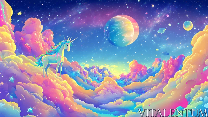 Iridescent unicorn in neon nebula cloudscape under distant planets