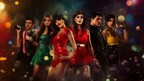 Glamorous nightclub performers in bold party outfits.