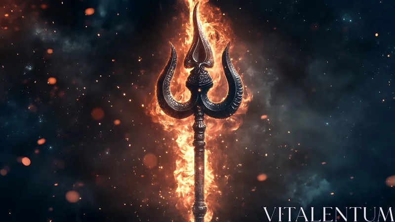 Burning trident stands upright amid swirling sparks and smoke