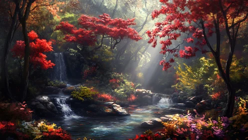 Sunlit autumn river and waterfalls in a hidden forest glade.