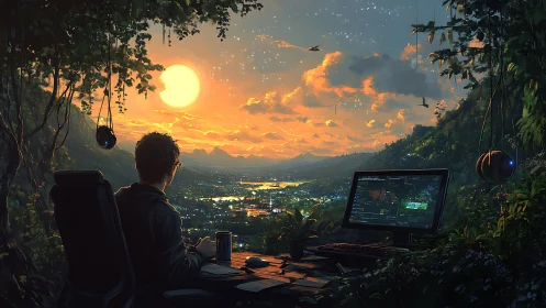 Remote workstation overlooking illuminated valley at sunset.