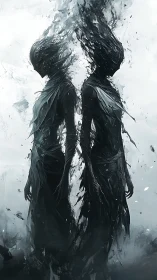 Dual humanoid wraiths dissolve into ascending particulate shrapnel