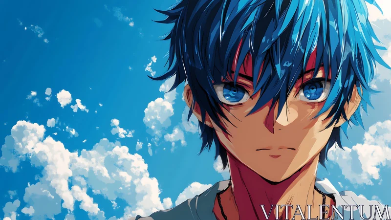 Sky-bright anime boy gazes ahead with calm determination