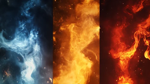 Cosmic Triptych: Ice, Ember, Inferno Dance.
