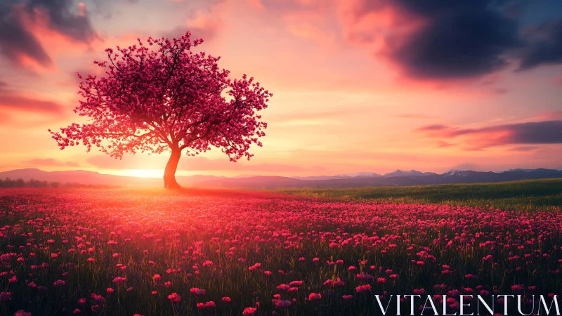 Lone pink blossom tree embracing a glowing sunset field.