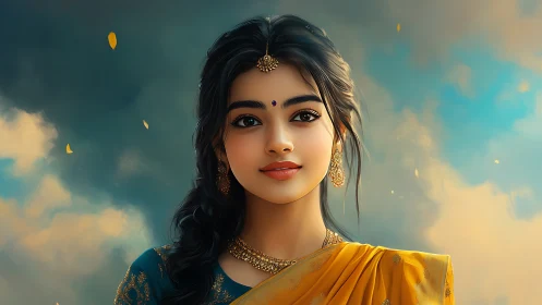 Elegant Indian woman in traditional attire, dreamy digital art.