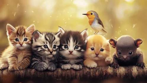 Kittens and Bear Cub with Robin: Gentle Wildlife Gathering.