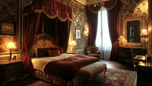 Luxurious baroque bedroom with canopy bed and rich drapery.