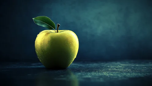 Luminous green apple with leaf on moody dark surface.