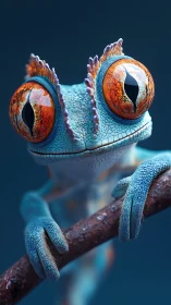 Hypnotic blue gecko with ember eyes on twilight perch.