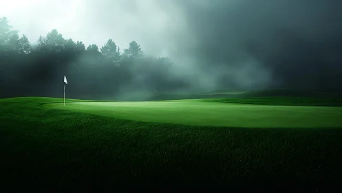 Fog-shrouded golf green under dramatic low-contrast atmospheric light