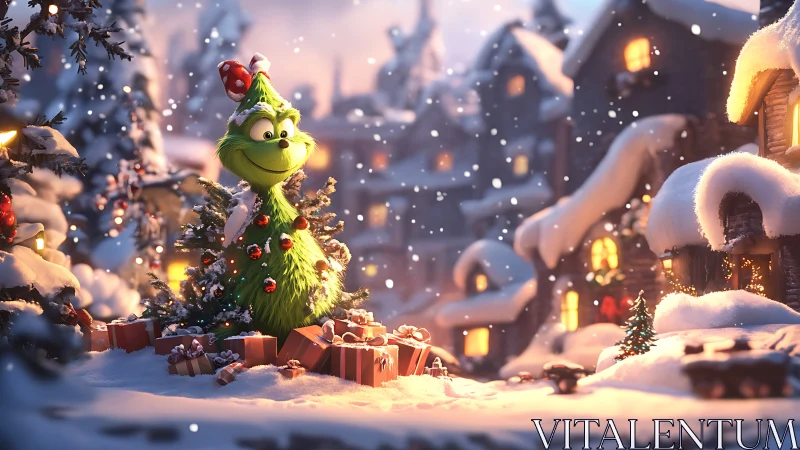 Cartoonish green creature as Christmas tree in snowy village