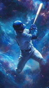 Cosmic slugger swinging bat through glowing nebula field.